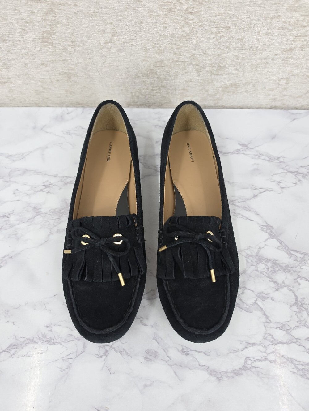 Lands End Black Suede Kiltie Tassel Loafers Driving Shoes Mocs  for Women Flats